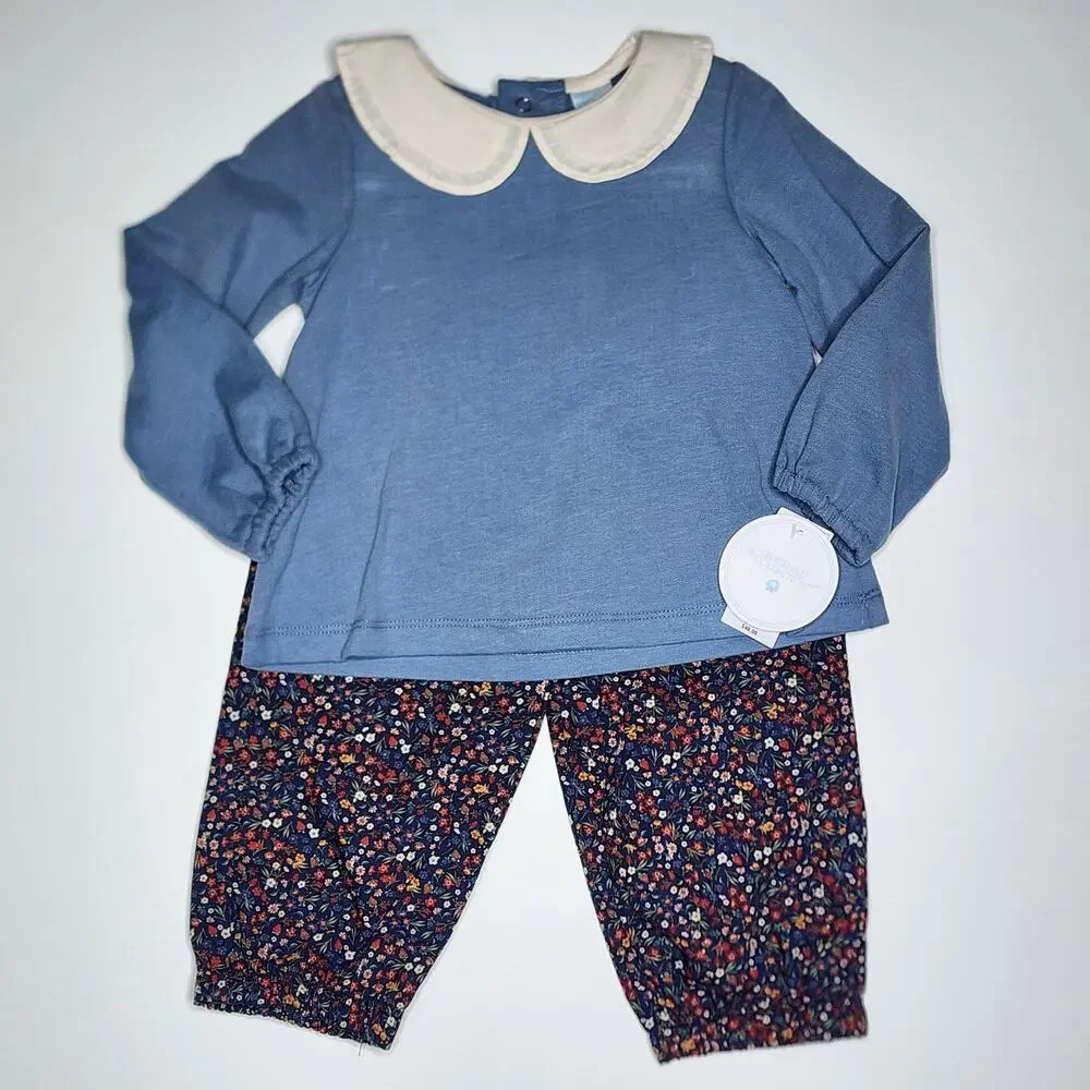 Edgehill Collection Blue Floral Shirt Pants Set Girl's Size 18 Months